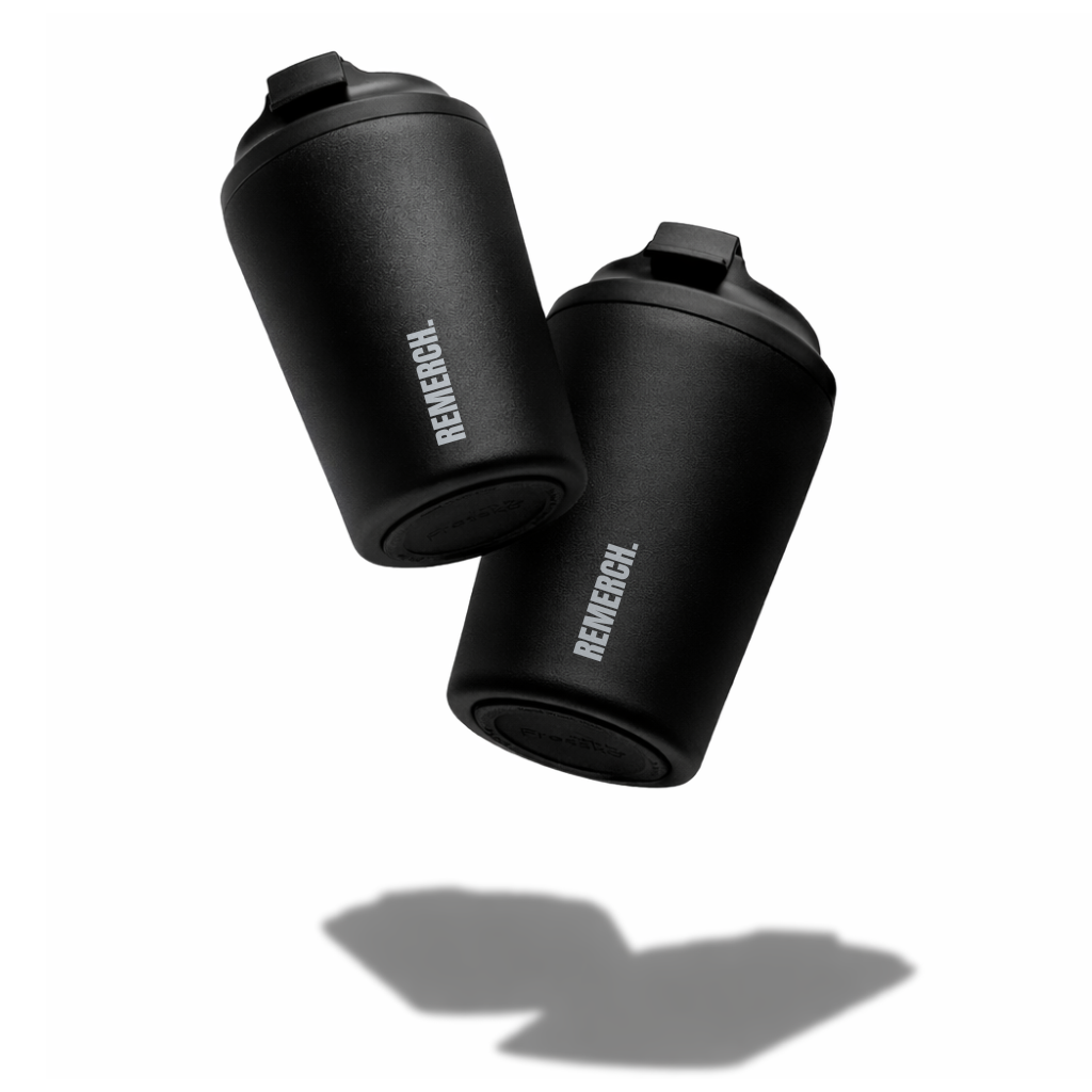 Two black shaker bottles with 'REMERCH' branding on a white background